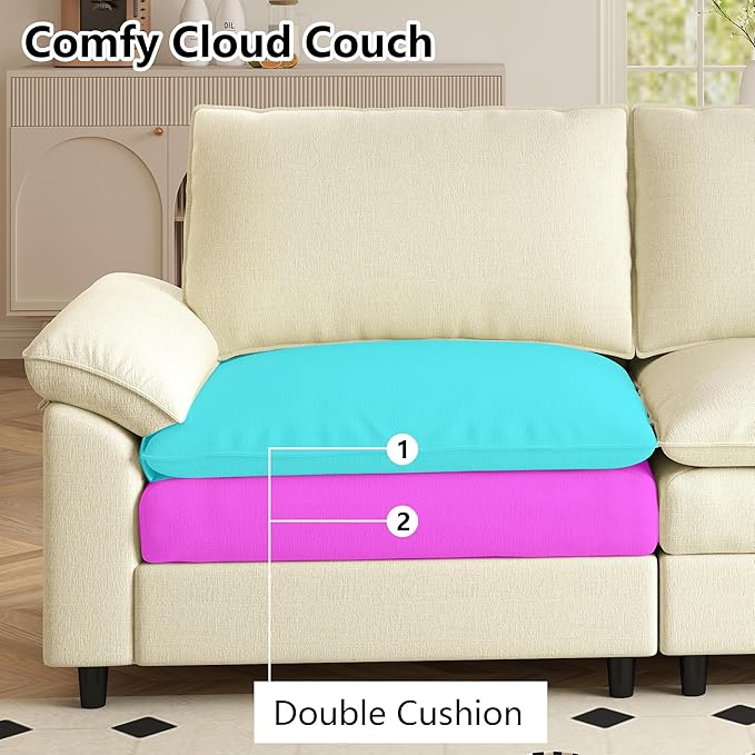 Aoowow Modular Sectional Sofa Modern Convertible U Shaped Couch,118.9 Inch Deep 3-Seater Sofas Set Comfy Chenille Cloud Sofas and Couches with Movable Ottoman for Living Room Apartment(Beige)