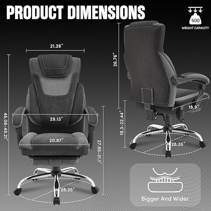 Massage Office Chair with Footrest,6-Point Vibration and Heat Executive Office Chairs,Ergonomic Desk Chair for Heavy People,500LBS Big and Tall Fabric Office Chair,BlackGrey