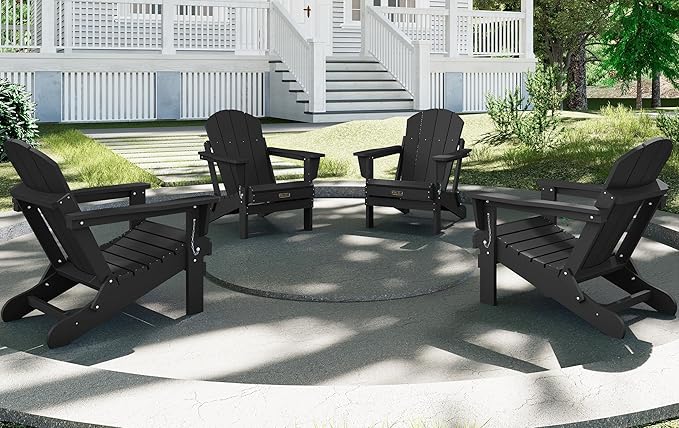SERWALL Folding Adirondack Chairs Patio Chairs Lawn Chair Set of 8 Outdoor Adirondack Chair Weather Resistant for Patio Deck Garden, Backyard Deck, Fire Pit - Black