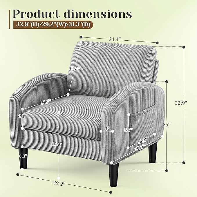 Accent Chair Set of 2,Comfy,Mid-Century,2 Side Pockets,Armchair,Upholstered Bedroom Chair for Apartment,Waiting Room,Grey