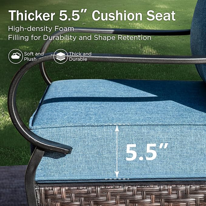 PHI VILLA Outdoor Porch Furniture Set, Upgraded Wicker&Metal Deep Seating Patio Furniture Conversation Set with Waterproof Thick Cushions for Balcony, Deck, and Yard (4 Pieces,Navy)
