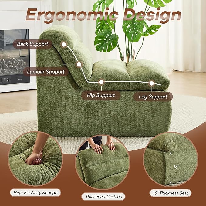 WUTUTUEE Boneless Chair, Double-Layer Armless Floor Sofa with High Density Memory Foam, No Assembly Togo Sofa, Chenille Bean Bag Chairs for Living Room, Bedroom, Comfy Cloud Chair (Green)