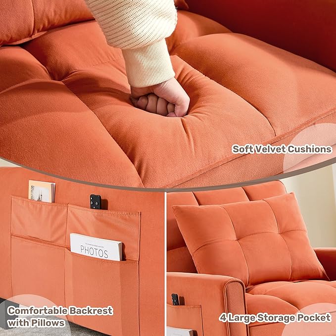 choairy Convertible Sleeper Chair, 3 in 1 Sleeper Chair Bed Pull Out Sofa Bed Chair, Velvet Single Sofa Bed Adjustable Backrest Chair Bed Sleeper for Adults Reading Living Room, Bedroom, Orange