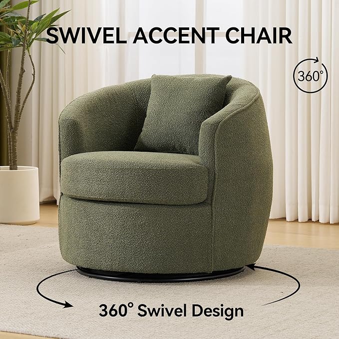 FaFaSoGoodFa Swivel Accent Chair, Modern Upholstered Boucle Barrel Arm Chairs with Pillow for Living Room, 360 Degree Round Swivel Sherpa Armchair with Round Base for Bedroom Club (1, Green)