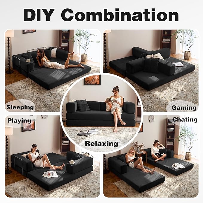 LIAROO 78.8" Convertible Sofa Bed - Compression Sofa with Corduroy Fabric - with Armrests and Backrest - Modular Sectional for Living Room, Bedroom, Studio - Compression Sofa in Box (Black)