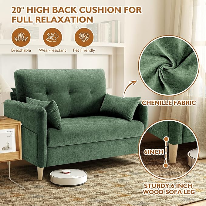 47" Small Sofa Couch for Bedroom, Soft Chenille loveseat Mini Couch with Throw Pillow and Removable Cushion Cover for Small Spaces, Living Room, Apartment, Dorm, Office(Green)