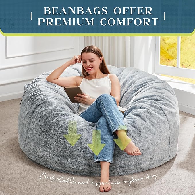 Hobestluk Bean Bag Chairs Giant Beanbag Chair with Filler, Memory Foam Bean Bags with Fluffy & Machine Washable Cover, Bean Bag Chairs for Aduts for Living Room, Bedroom (Grey, 4FT - 44” x 44” x 24”)