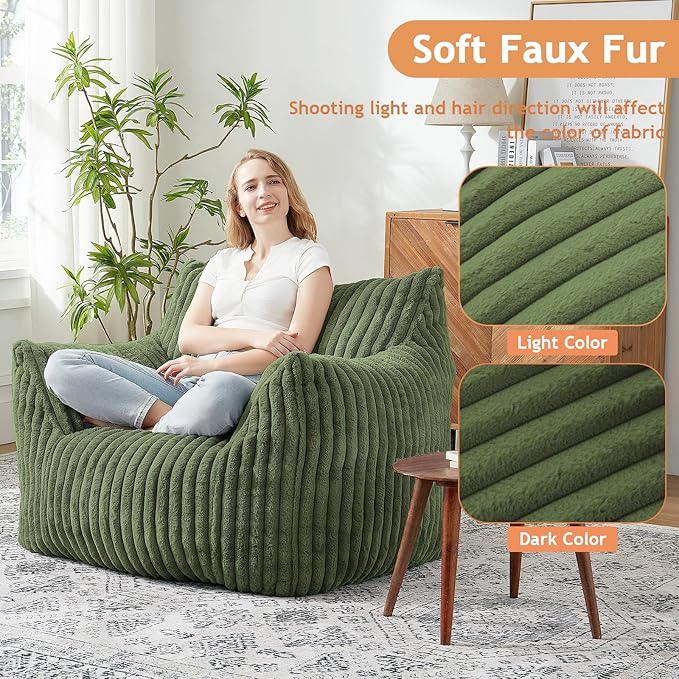 Giant Bean Bag Chairs for Adults with Filling Plush Fluffy Bean Bag Chairs for Teens with Armrests Comfy BeanBag Lazy Couch Sofa Chair for Bedroom Living Room Reading (Green, L-for Adults)