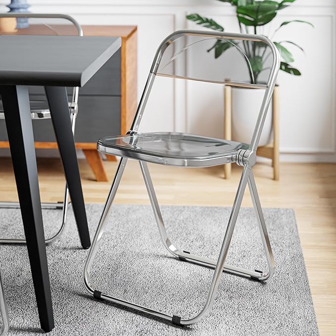LeisureMod Lawrence Modern Clear Acrylic Folding Chair with Metal Frame, Space-Saving Transparent Seating for Dining Room, Home Office, Bedroom, Vanity or Small Spaces, (Transparent Black, Set of 2)