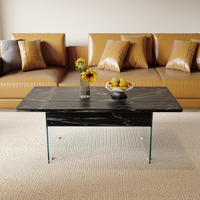 HanStrong 43.3" Lift-Top Coffee Table with Storage,Marble & Tempered Glass Space-Saving for Living Room,Office,Black