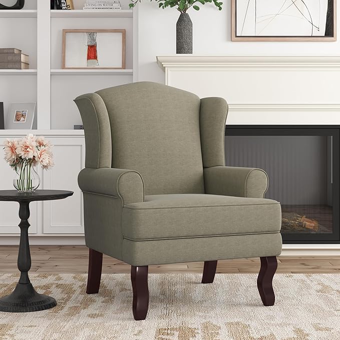 DREAMSIDEA Accent Chair, High Back Upholstered Armchair with High Resilience Sponge & Wood Legs, Mid-Century Modern Comfy Single Sofa Reading Chairs for Living Room, Bedroom (Light Camel, Set of 2)