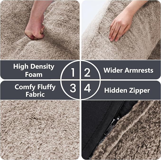 Bean Bag Chairs for Adults, Giant Beanbag Sofa Comfy Reading Chair, Oversized Bean Bag Chairs for Living Room Bedroom, Soft Faux Fur Fabric, 3.2FT, Khaki, Plush