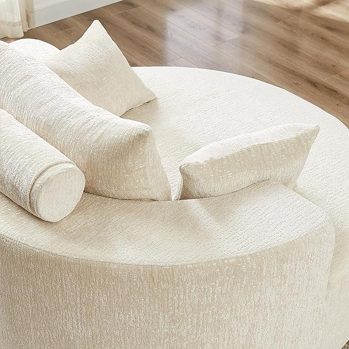 JEEOHEY Modern Round Accent Sofa Chair for Living Room, Upholstered Chenille Barrel Lounge Arm Chair with Large seat&Throw Pillows for Bedroom, Office, Apartment, Beige