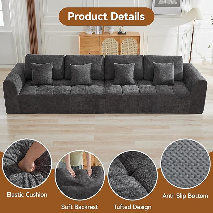 140''Modular Sectional Couches for Living Room, Cloud Boneless Compressed Sectional Sofa, Oversized 4 Seater Upholstered Memory Foam Sofa, No Assembly, Chenille Grey