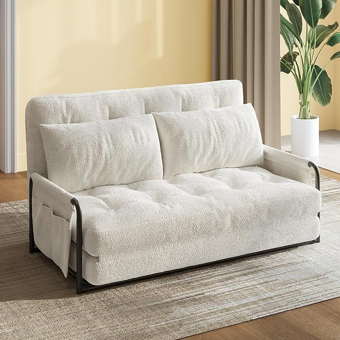 WLIVE Futon Sofa Bed with Adjustable Backrest, Bean Bag Chairs for Adults, Floor Couch with Armrest, Pillow, Low Profile Floor Seating for Living Room, Reading, Bedroom, Loveseat, Beige