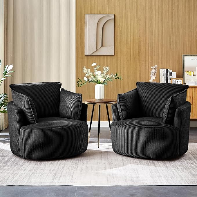 Chorlenimi Swivel Accent Chair Round Barrel Armchair Upholstered Living Room Chair Corduroy Reading Chair Single Sofa Chair for Bedroom Apartment Office (Black, Standard 1Seater)