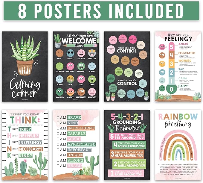 Hadley Designs 8 Calming Corner Posters For Classroom Must Haves For Teachers - 11x17 Calm Down Corner Supplies, Feelings Chart For Kids Ages 4-8, Toddler Emotions Chart, Cactus Classroom Decor