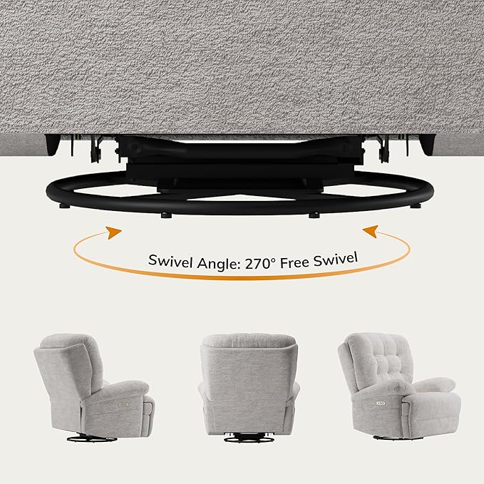 COLAMY Floren Power Swivel Recliner Chair with USB & Type-c Charge,Oversized and Padded Upholstered Deep Seat and Armrest，Rocking Recliner with Double Storage Pockets,Beige
