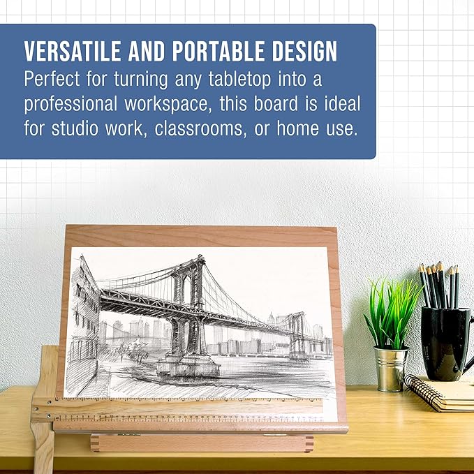 U.S. Art Supply Large 20-1/2" x 17" Wooden Drawing Board, Adjustable Table Top Easel for Painting and Drawing - Drafting Board with T-Square, Pencil Ledge