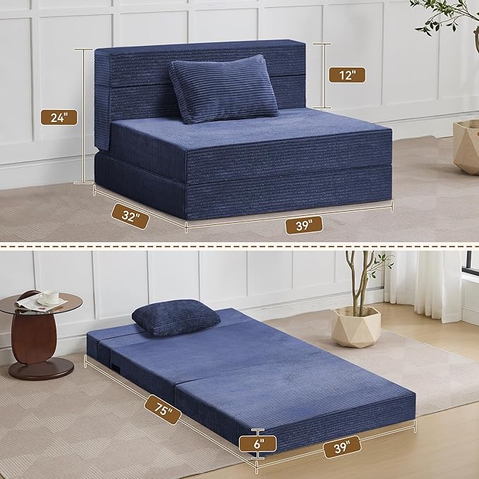 Folding Sofa Bed Convertible Floor Couch Foldable Chair Bed with Pillow，Linen Sleeper Chair Futon,Foldable Memory Foam Mattress for Bedroom/Living Room/Dorm/Office (Corduroy Navy, Standard)