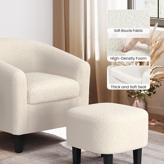 Yaheetech Accent Chair and Ottoman Set, Modern Fuzzy Sherpa Barrel Chair and Footrest, Comfy Boucle Armchair and Footstool for Living Room/Bedroom/Reading Room/Guestroom, Ivory