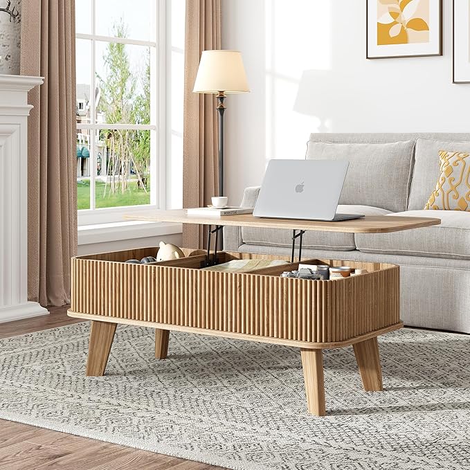 LCVTND Fluted Lift Top Coffee Table with Storage, Modern Wood Coffee Table Retro Center Table with Hidden Lifting Table Top Compartment for Living Room, Home, Office, Natural