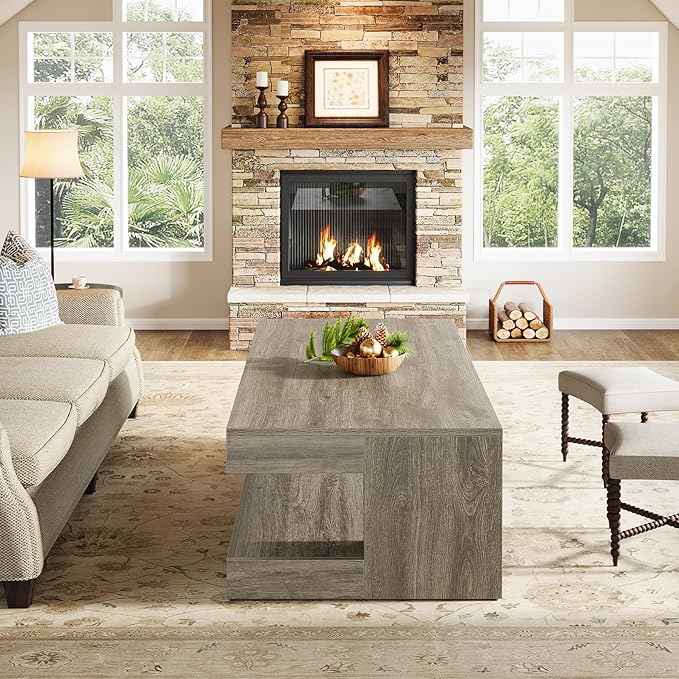 Tribesigns Coffee Table for Living Room, 47.24 Inch Farmhouse 2-Tier Accent Center Tea Cocktail Table with Storage, Elegant Grey, Rectangular