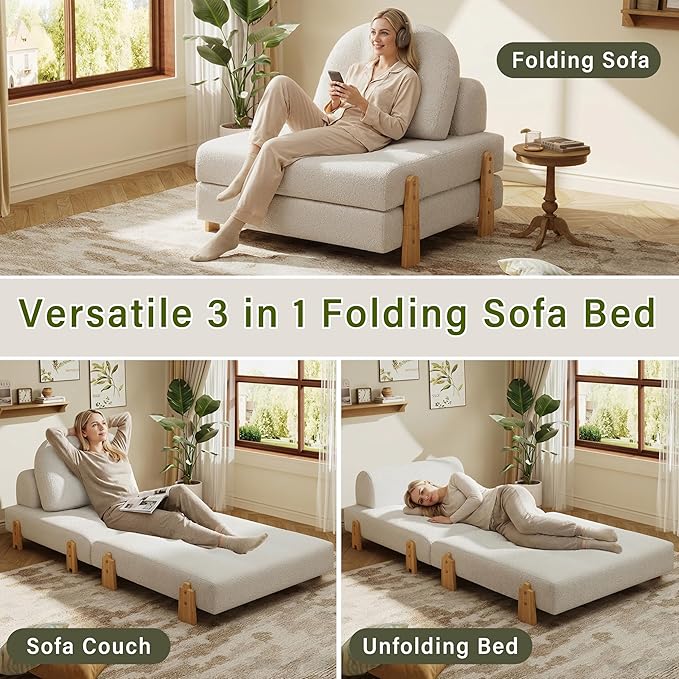 Christopher Knight Home Zila Folding Sofa Bed, 2-in-1 Convertible Sleeper Chair with Wooden Frame, Headrest & Lumbar Pillow, Portable Fold Out Floor Chair, Comfy Floor Sofa Lounge, Beige