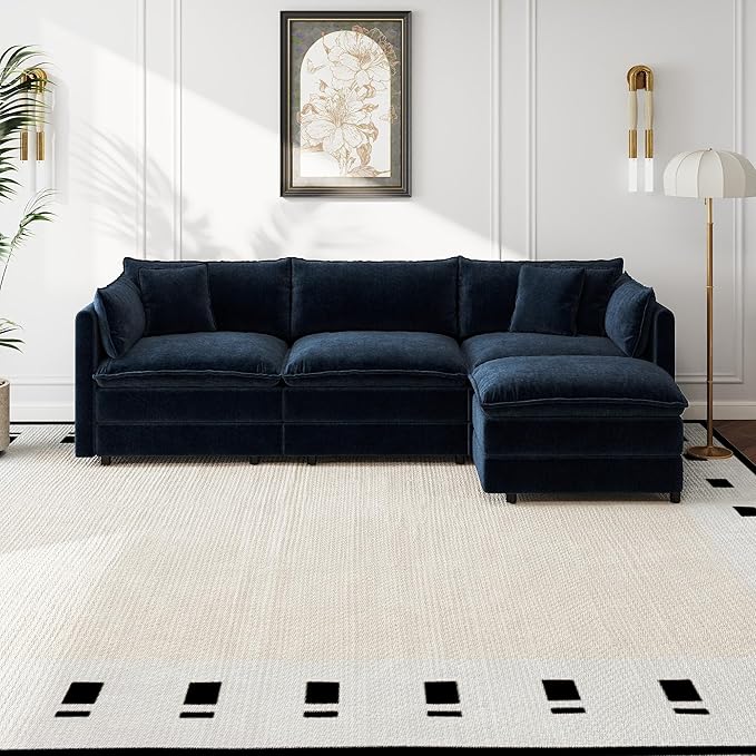 Aoowow Modular Sectional Sofa Modern Convertible L Shaped Couch,112.2 Inch Deep 3-Seater Sofas Set Comfy Chenille Cloud Sofas and Couches with Movable Ottoman for Living Room Apartment（Blue）