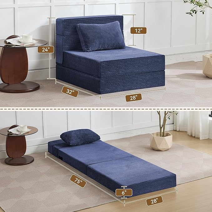 Folding Sofa Bed Convertible Floor Couch Foldable Chair Bed with Pillow，Linen Sleeper Chair Futon,Foldable Memory Foam Mattress for Bedroom/Living Room/Dorm/Office (Corduroy Navy, Single)
