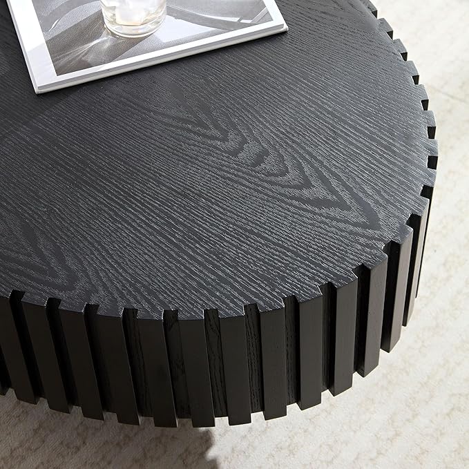 43.7'' Oval Wood Coffee Table,Modern Handcraft Drum Coffee Table for Living Room, Small Center Table with Sturdy Pedestal (Black, L43.7 x W24.8 x H13.38)