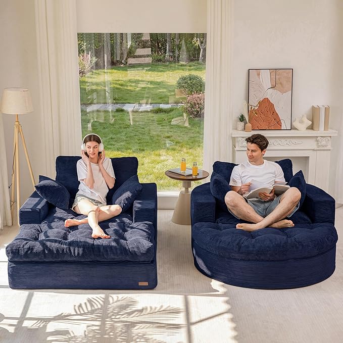 MAXYOYO Modular Sectional Chaise Lounge Sofa, 2 Sets Upholstered Lounge Chair with Ottoman, Comfy Round+ Square Couch with Layered Cushion, Tufted Sleeper Chair for Living Room, No Assembly, Navy