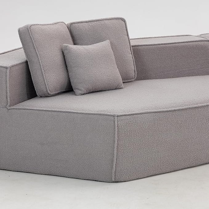 EPOFIT 132'' Oversized Teddy Fleece Modular 2-Seater Sofa, Compressed All-Foam Floor Couch with 6 Cushions, Low-Profile Cozy Sectional Sofa for Living Room & Apartment – Grey