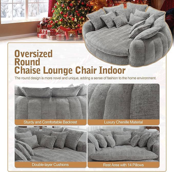 82'' Oversized Upholstered Sofa Bed, Round Chaise Lounge Chair Indoor, Modern Chenille Boneless Couch, No Assembly Required, Plush Sleeper Chair with 14 Pillows for Living Room, Light Grey