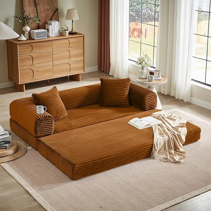Chorlenimi Boneless Couch Futon Sofa Bed Sectional Couches for Living Room,Cloud Couch with Sleeper Sofa,Sofas for Living Room Oversized Corduroy Upholstered (Orange, 76 Inches (No Iron Frame))