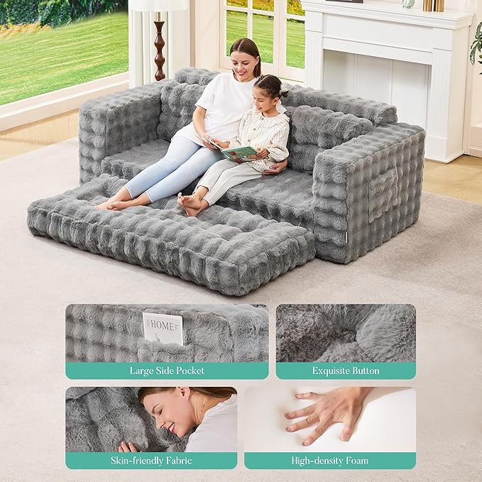 Hobestluk 3-Seater Sofa Boneless Couch with Tufted Button Design 2 in 1 Comfy Cloud Couch Oversized Sofa for Living Room Bedroom Apartment or Office (Grey, 3 Seater)