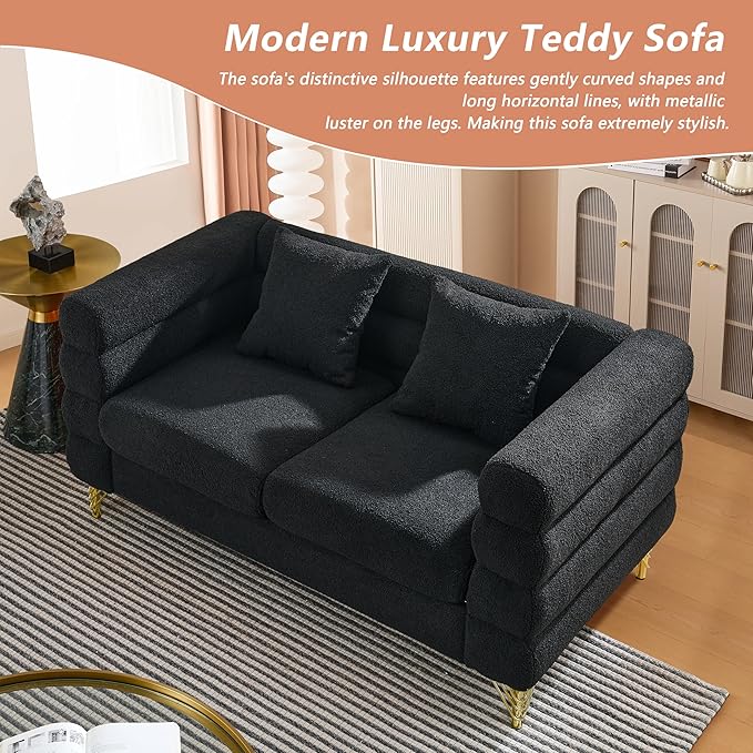 mikibama Modern Teddy Loveseat Sofa, 60 Inch Sectional Sofa Couch, Luxury 2 Seater Deep Couch with 2 Pillows and Gold Metal Legs for Living Room, Bedroom, Apartment (Black)