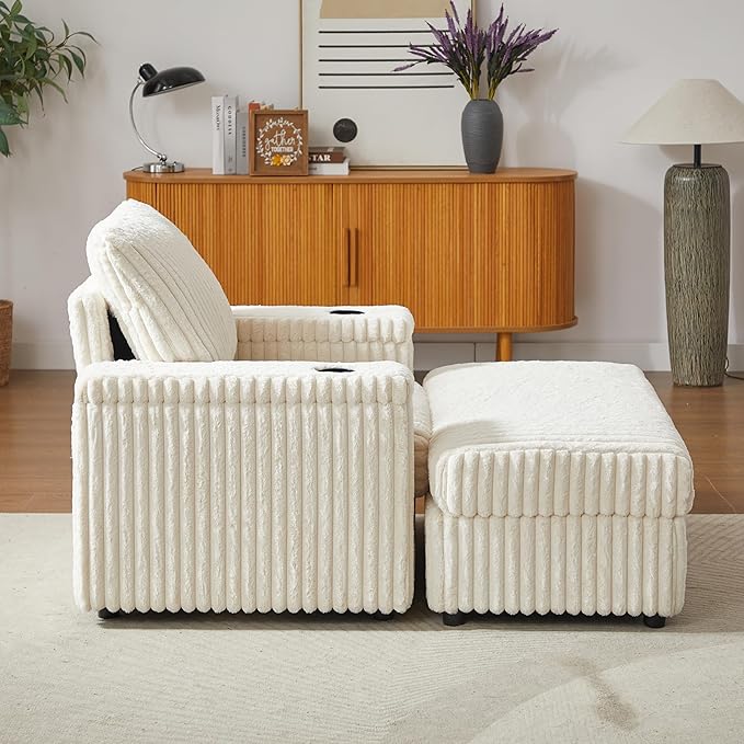 Eafurn 42.5" Oversized Accent Chair with Storage Ottoman Convertible Chaise Lounge, Corduroy Cloud Sofa Chair w/Cupholders, Modern Extra Wide Armchair