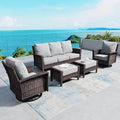 SUNSHINE VALLEY 5 Pieces Patio Furniture Set with Swivel Chairs, High Back Wicker Rattan Sofa with Extra Thick Cushion and Ottoman, Outdoor Conversation Set for Garden Backyard Deck, Grey