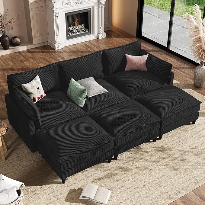 Apicizon 108" Cloud Couch Sectional, Modern Corduroy Cloud Sofa Set with Side Storage Pocket, Comfy Convertible Sleeper Couch with Chaise for Living Room, Apartment, Office, Black