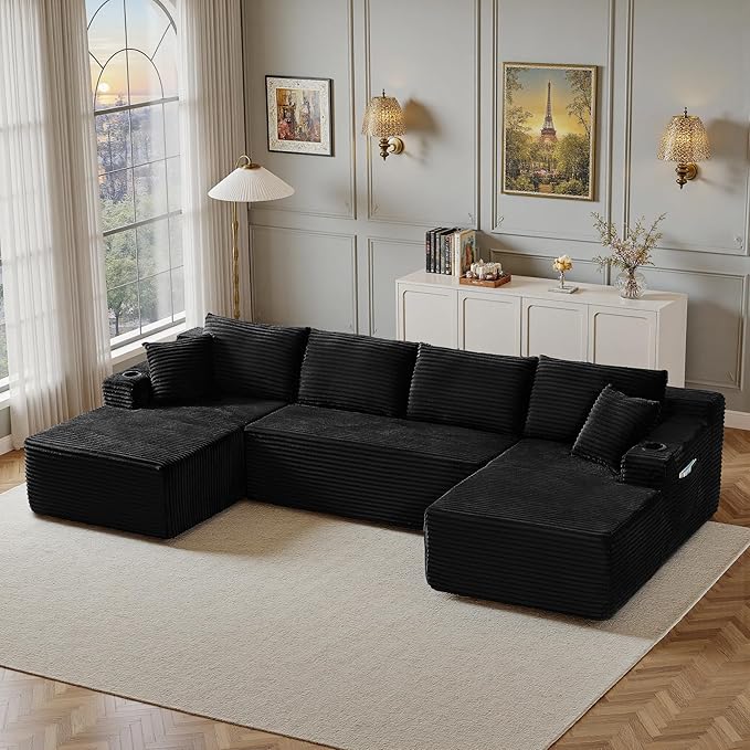133" Sectional Couches for Living Room Cloud Couch Sofa with L-Shape Upholstered Boneless Couchs Modern Modular Sectional Couch with Chaise (Black, 133" W+U Facing Chaise)