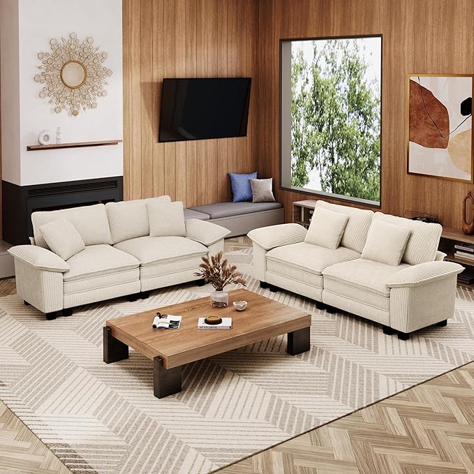 MIXPATIO L-Shaped Cloud Modular Sofa Set, 4-Piece Double Loveseat Sectional w/Deep Seat & Removable Arms, Plush Corduroy for Living Room - Beige