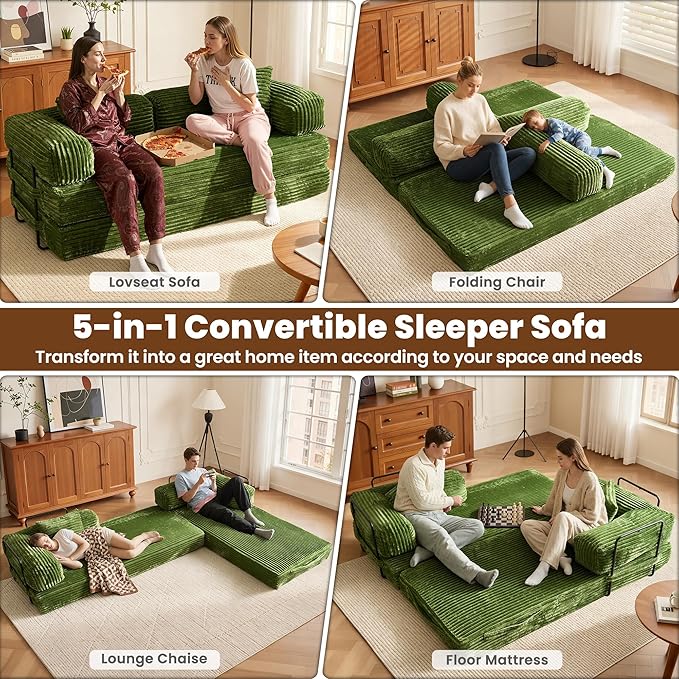 ovios 81" Folding Sofa Bed, Foldable Sleeper Boneless Couch with Pull Out Beds, Modular Convertible Floor Futon Loveseat Lounger for Living Room (Faux Fur, Green)