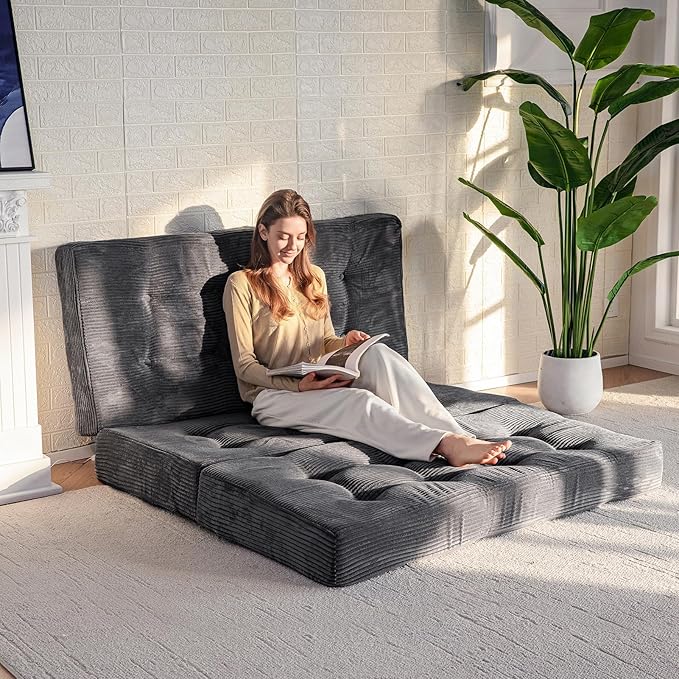 MAXYOYO Tri-Fold Mattress, 6 Inch Tufted Folding Futon Foam Bed, Foldable Floor Mattress Guest Bed Futon Topper Portable Camping Sleeping with Corded Fabric, Dark Grey, 59"x79"