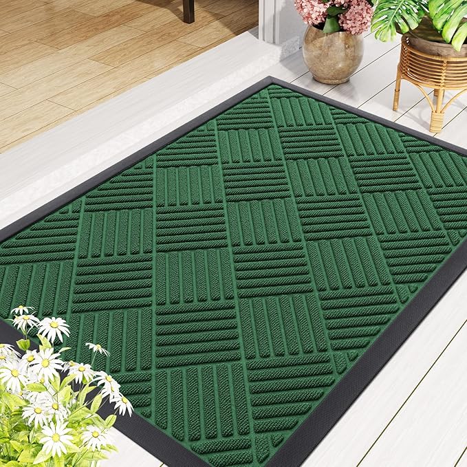 Smiry Front Door Mat Outside Entrance, Heavy Duty Outdoor Indoor Natural Rubber Doormat, Non Slip, Trap Dirt and Moisture, Easy Clean, Low Profile Patio Porch Entryway Mat, 47x32, Green