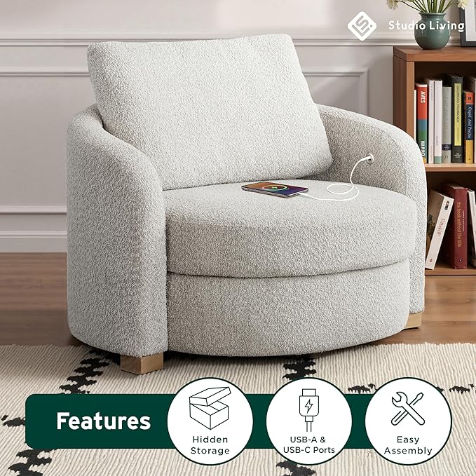 Studio Living® Manchester 44.1" Storage Chair, Modern Farmhouse, Pocket Coil Comfort, USB A & C Power, Easy Assembly, Boucle Fabric, Ivory