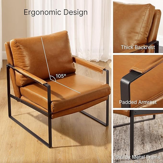 Zouron Mid Century Modern Accent Chair with Black Metal Frame, Upholstered Living Room Chairs with Pillow, Reading Armchair for Bedroom, Office, 1 Pcs, Brown PU