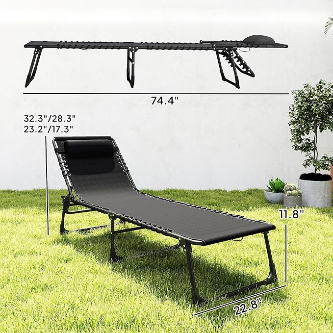 Outsunny Folding Chaise Lounge Chair, Patio Sun Tanning Chair, Outdoor Chaise Lounger with 4-Position Reclining Back, Breathable Mesh Seat for Beach, Poolside, Yard, Black