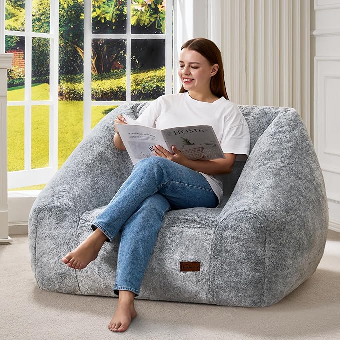 Hobestluk Bean Bag Chairs for Adults Giant Bean Bag Chair with Memory Foam Filling, Adult Beanbag for Bedroom, Living Room (Grey Two-Tone)