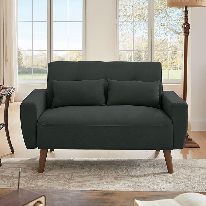 48" Loveseat Sofa, 2 Seater Love Seat Mid Century Modern Small Couches for Living Room Bedroom Apartment, 2 Throw Pillows and Plastic Legs, Black